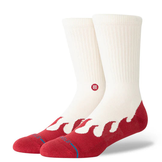 Stance Heating Up Crew Socks: white mid-calf socks with red toes and heels, seamless toe, cushioned, stay-put fit.