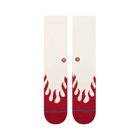 Stance Heating Up Crew Socks with cream top, red flame pattern, mid-calf height, seamless toe, cushioned, stay-put fit.