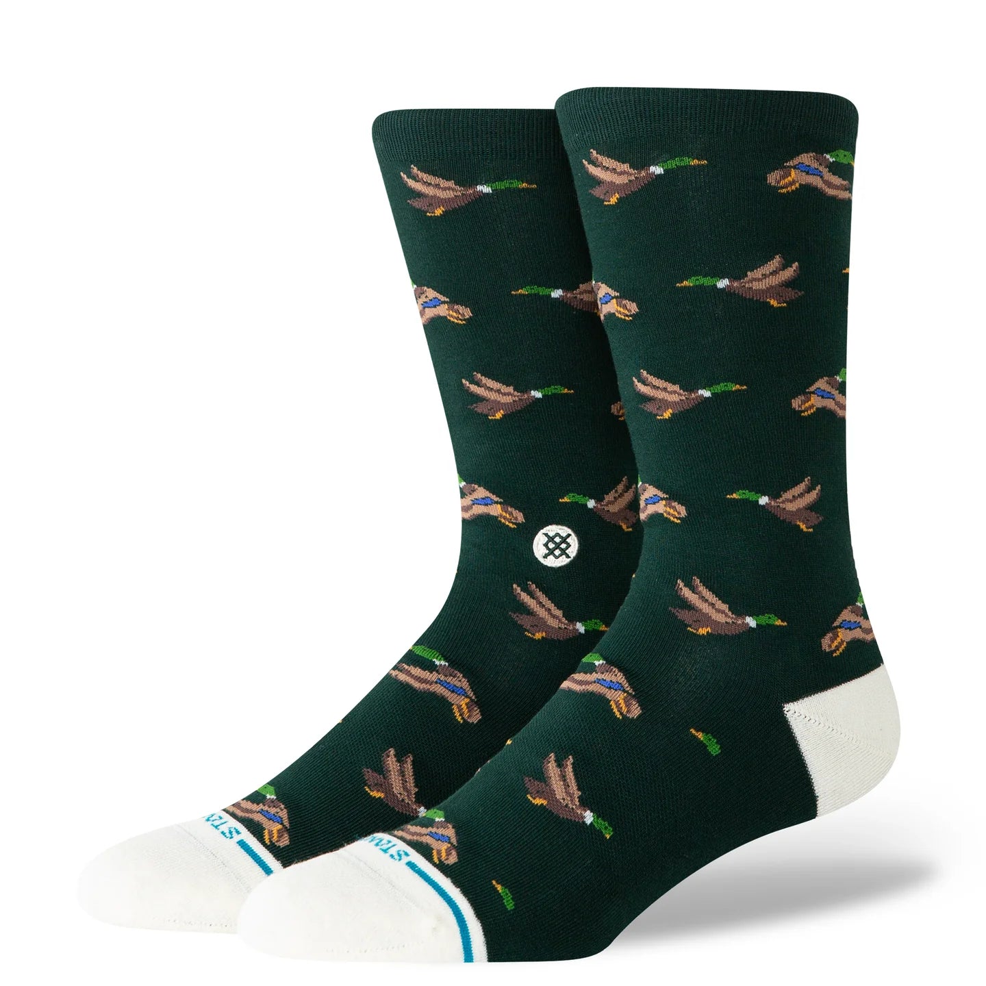 Stance Huntin' Crew Socks in dark green with a duck pattern, white toe, seamless toe, cushioned stay-put fit