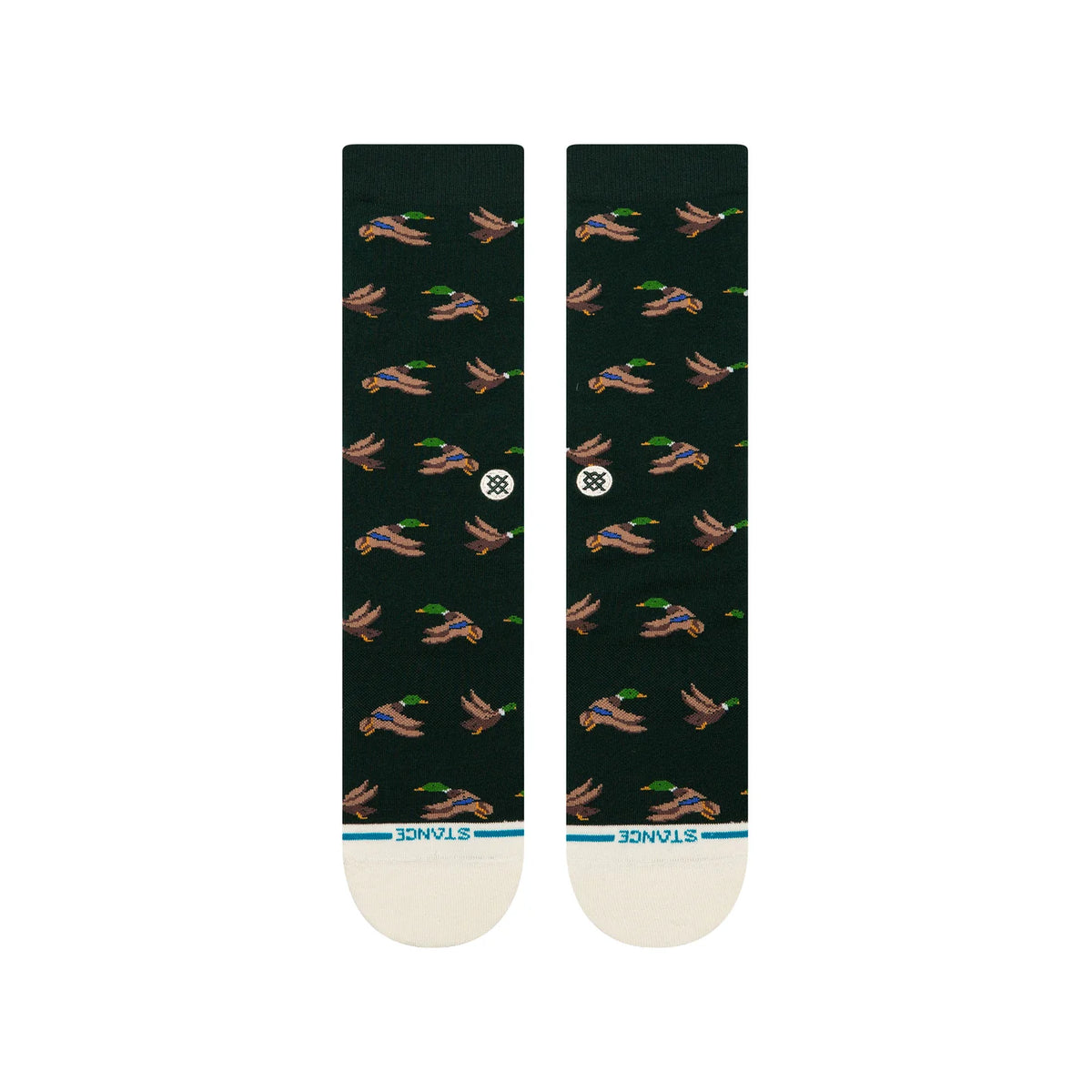 Stance Huntin' Crew Socks with duck motif on dark background; white toe caps, seamless toe caps, cushioned, stay-put.