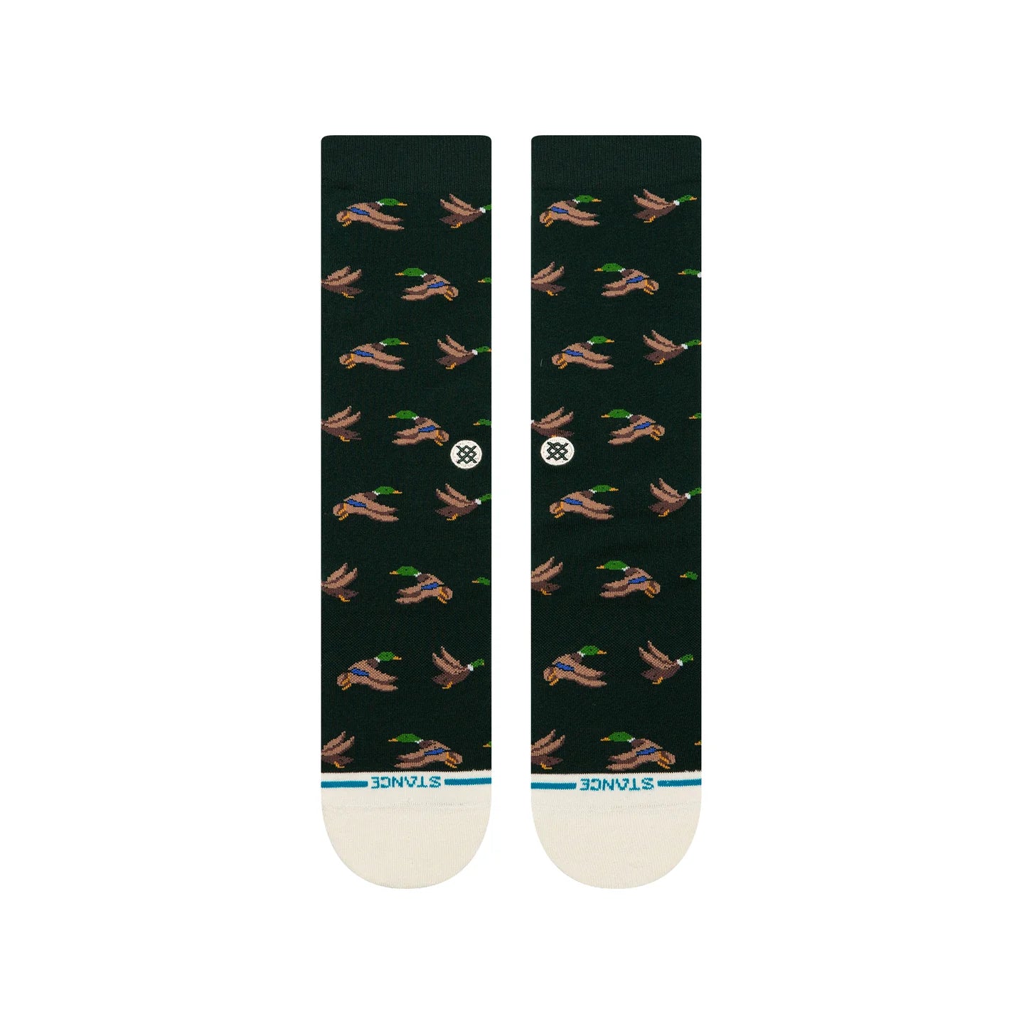 Stance Huntin' Crew Socks in dark green with a duck pattern, white toe, seamless toe, cushioned stay-put fit