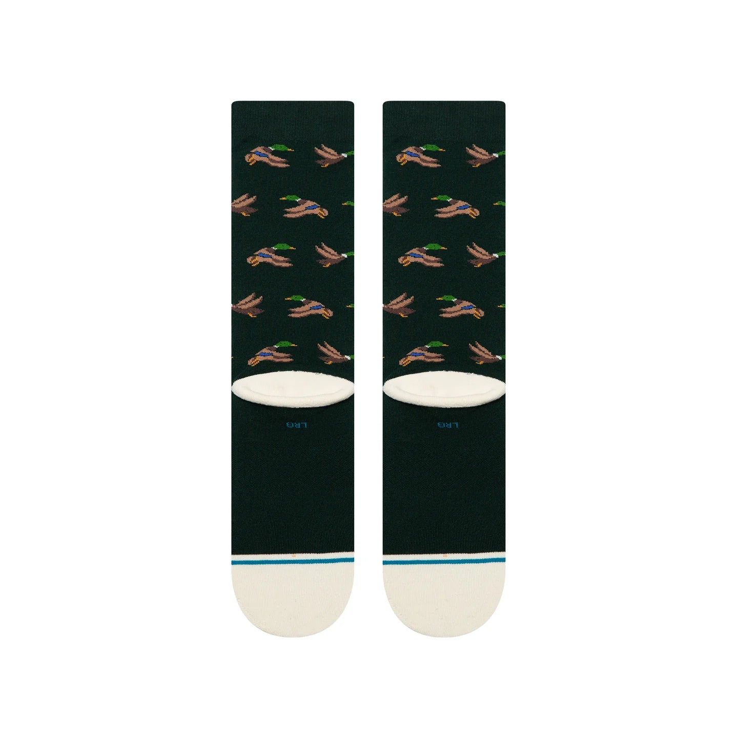 Stance Huntin' Crew Socks featuring a duck pattern on dark green, seamless toe, targeted cushioning, stay-put fit.