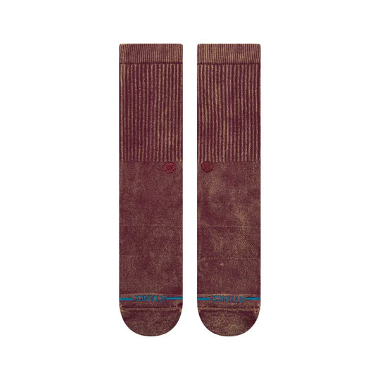 Stance Icon Dyed Crew Socks, maroon tie-dye pair with ribbed cuffs and blue toe accents.