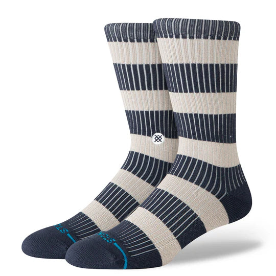 Stance Jailbird Crew Socks in navy-beige stripes with seamless toe, cushioned comfort, and stay-put fit.