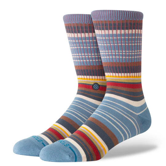 Stance Jorongo Pop Crew Socks: pair of blue striped crew socks with seamless toe, targeted cushioning, stay-put fit.