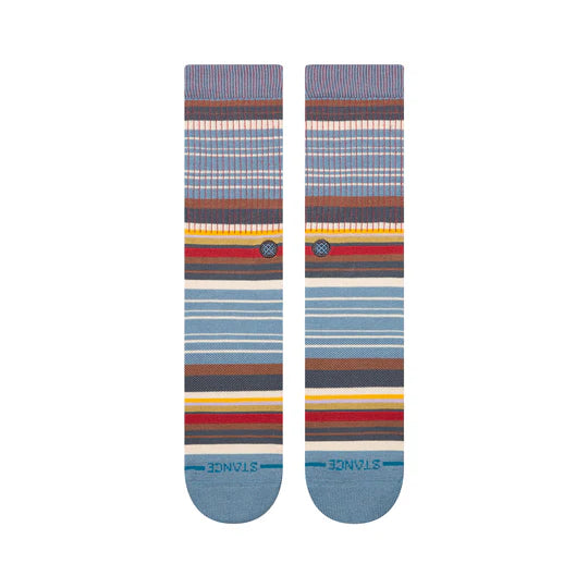 Stance Jorongo Pop Crew Socks: striped blue, brown, and yellow crew socks with seamless toe and cushioned comfort.
