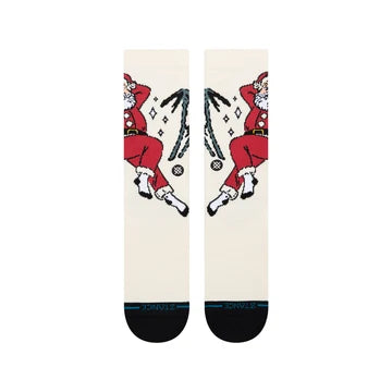 Stance Northern Exposure socks featuring Santa in red suit running with antlers on cream background.