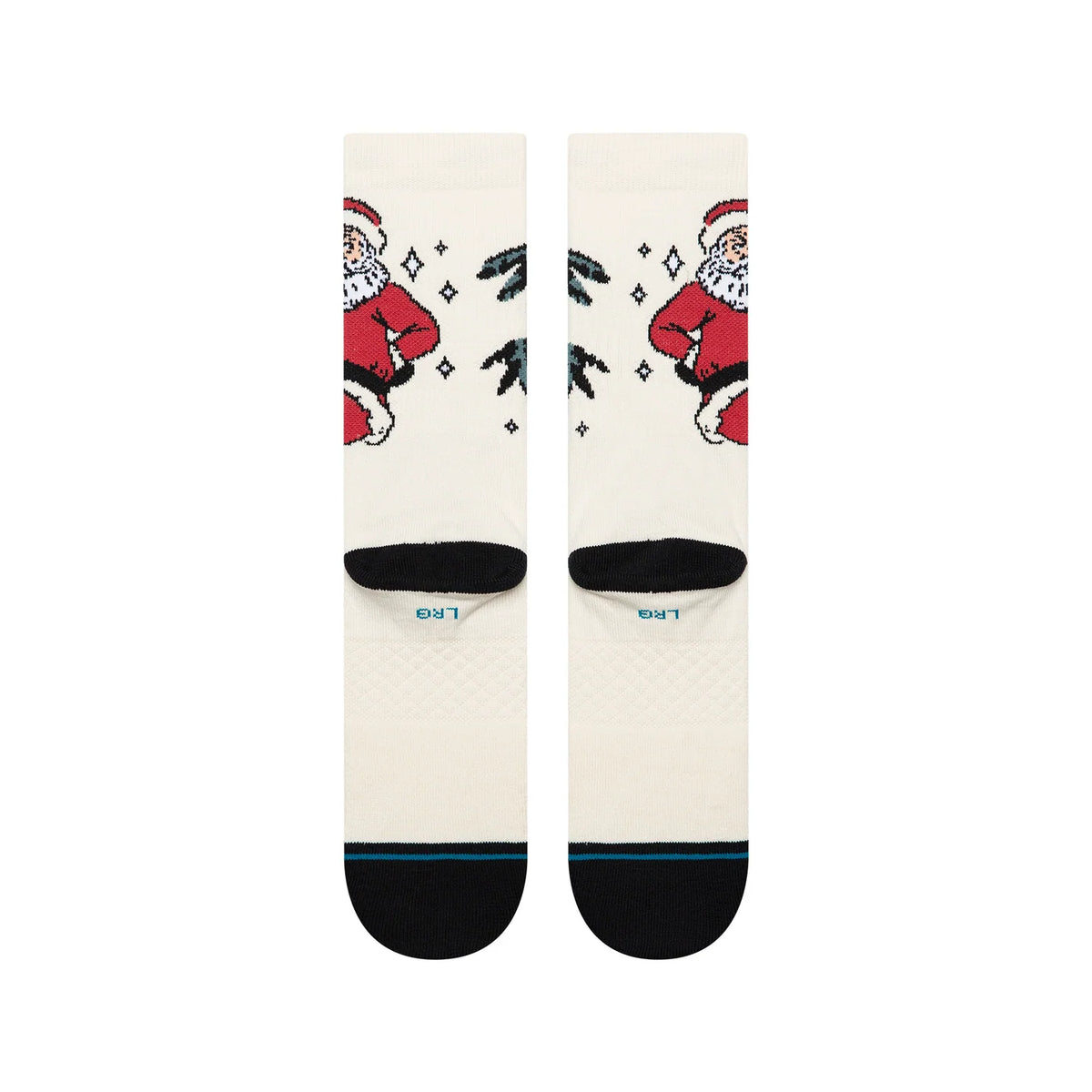 Cream Stance Northern Exposure crew socks featuring a Santa Claus graphic with pine trees, black heel toe, and blue accent stripe.