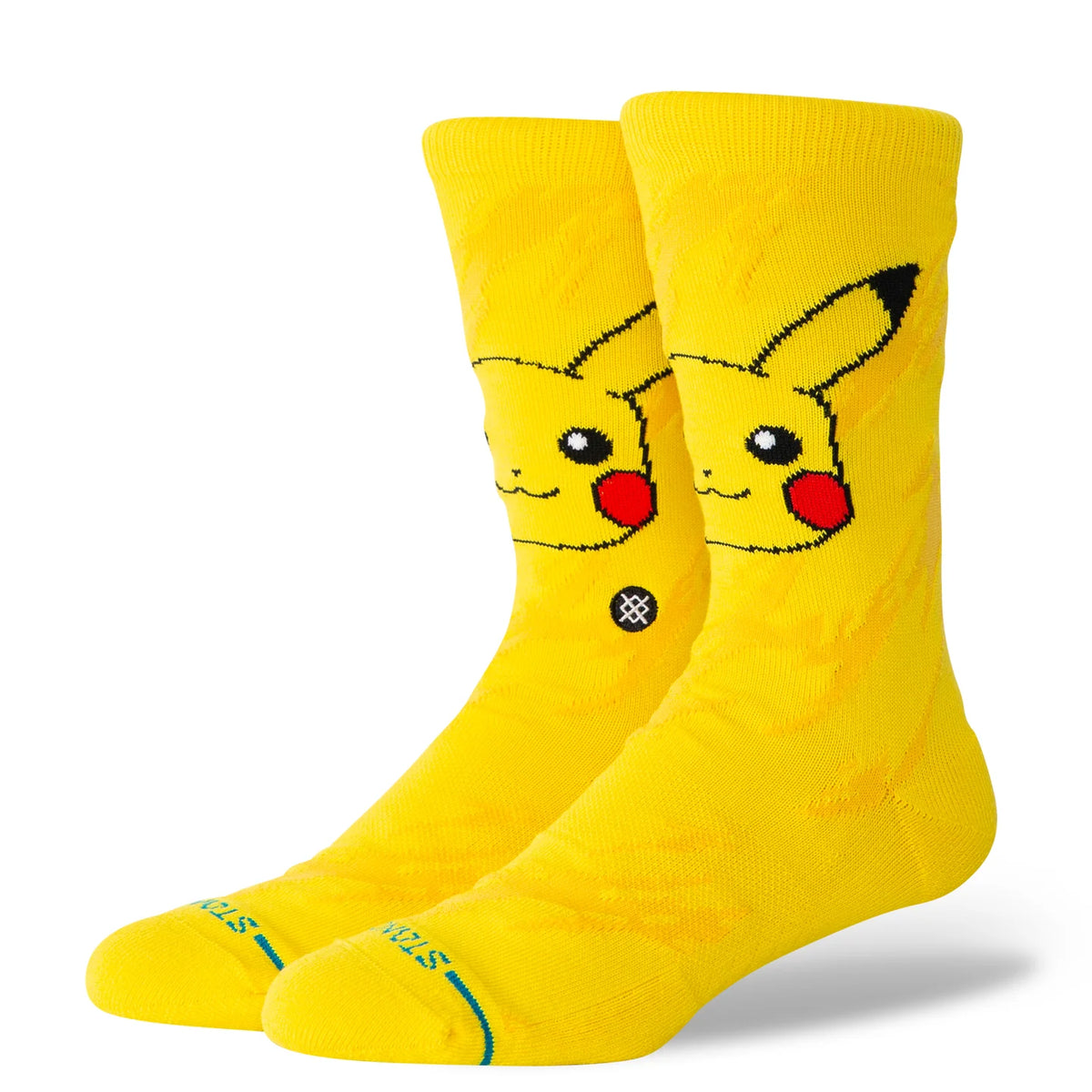 Yellow Stance Pikachu Bolt crew socks featuring Pikachu face, red cheeks, and lightning bolt tail design with light cushioning.