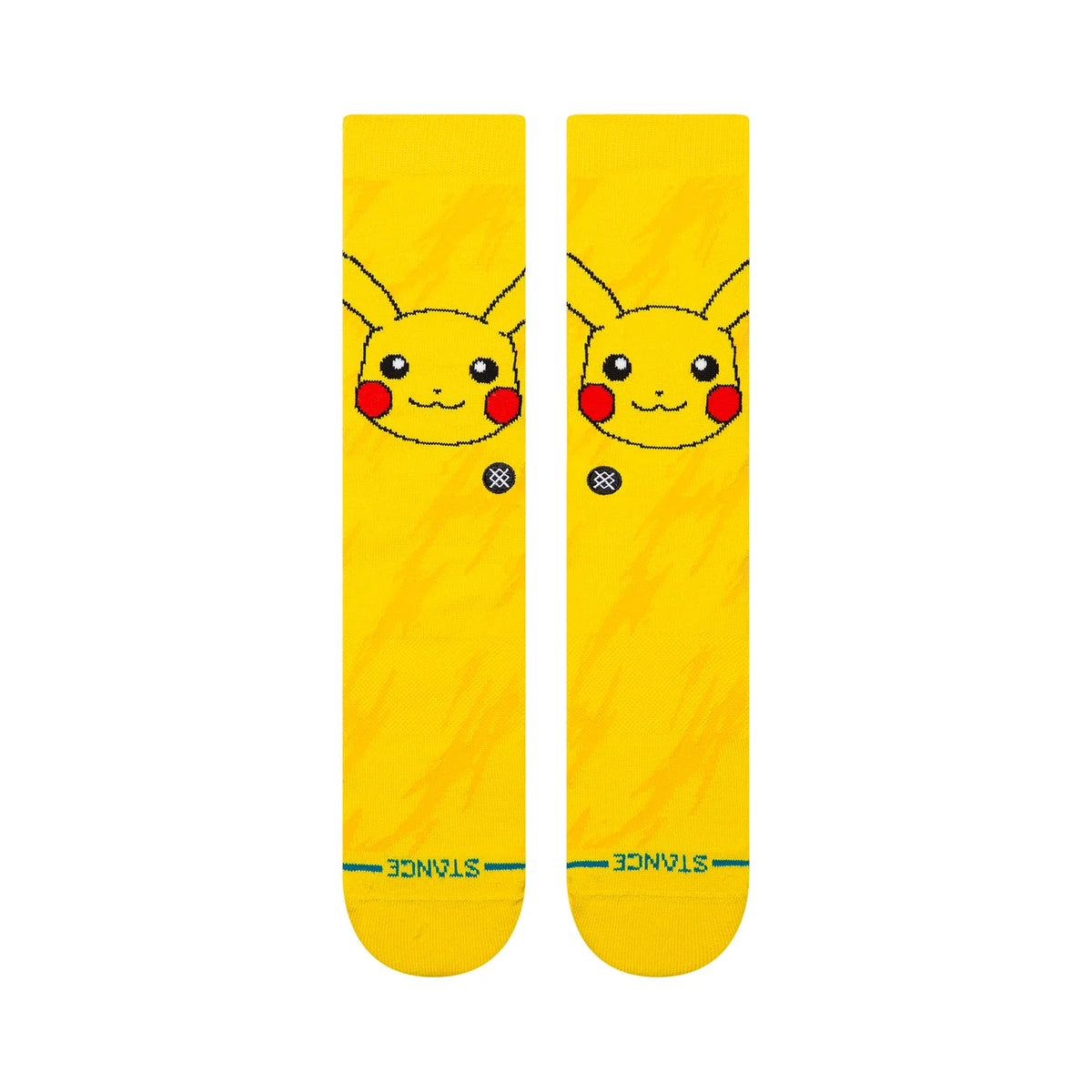Yellow Stance crew socks featuring a Pikachu face, red cheeks, and lightning bolt pattern with a blue STANCE logo at the cuff.