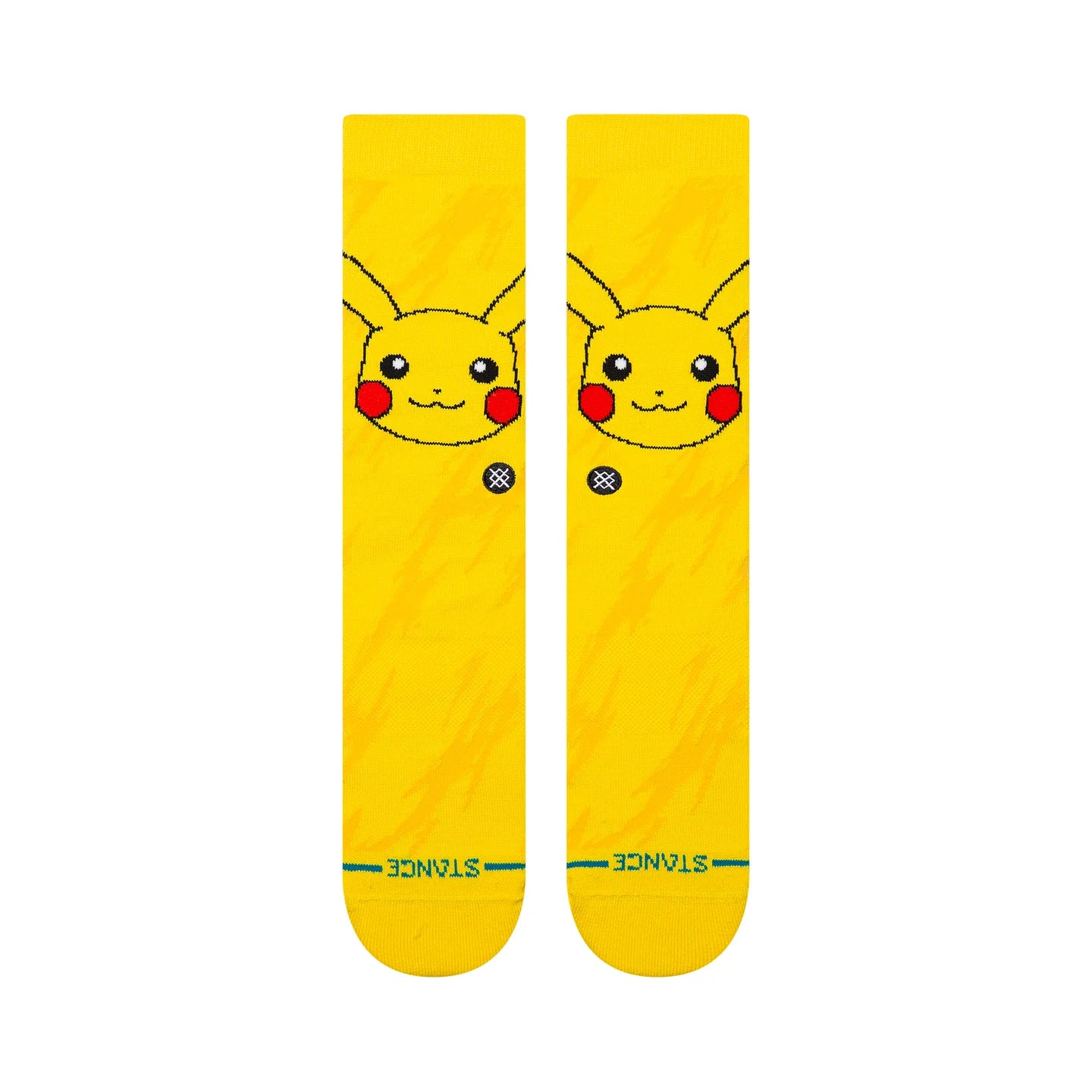 Yellow Stance crew socks featuring a Pikachu face, red cheeks, and lightning bolt pattern with a blue STANCE logo at the cuff.