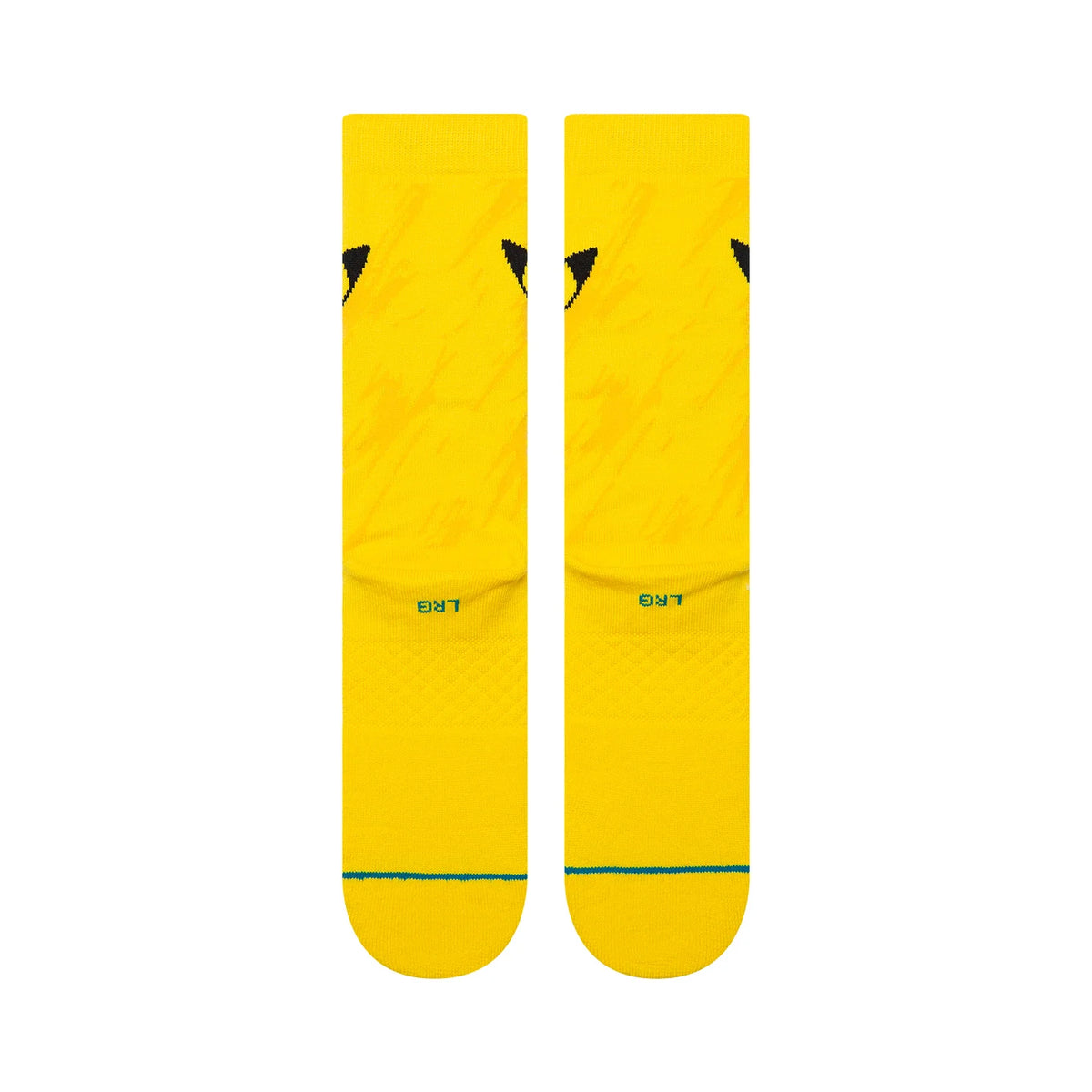 Yellow Pikachu Bolt crew socks featuring black lightning bolt accents, combed cotton blend, and teal heel stripe.