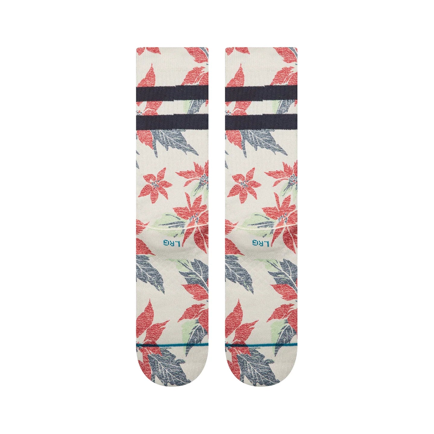 Cream crew socks featuring bold red poinsettia and teal leaf graphics with navy stripes at the cuff.