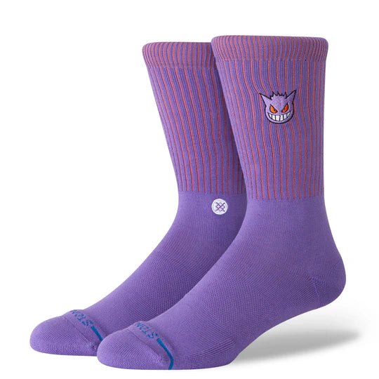 Stance Pokemon Gengar Crew Socks in purple with Gengar logo, striped cuffs, seamless toe, cushioned stayput fit.
