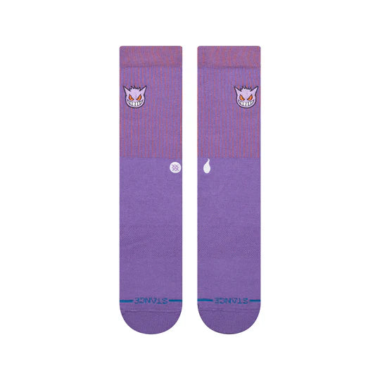 Stance Pokemon Gengar Crew Socks in purple with Gengar logo, striped cuffs, seamless toe, cushioned stayput fit.