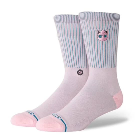 Stance Pokemon Jigglypuff Crew Socks with pink toes, blue striped cuffs, and a Jigglypuff patch.