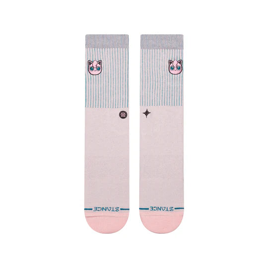 Stance Pokemon Jigglypuff Crew Socks with pink toes, blue striped cuffs, and a Jigglypuff patch.