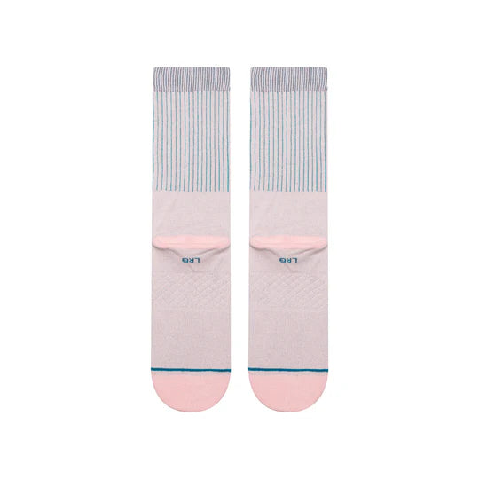 Stance Pokemon Jigglypuff Crew Socks with pastel pink body, blue striped cuffs and seamless toe.