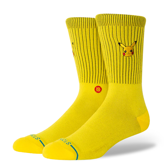 Stance Pokemon Pikachu Crew Socks: yellow, ribbed cuffs, seamless toe, targeted cushioning, stay-put fit.