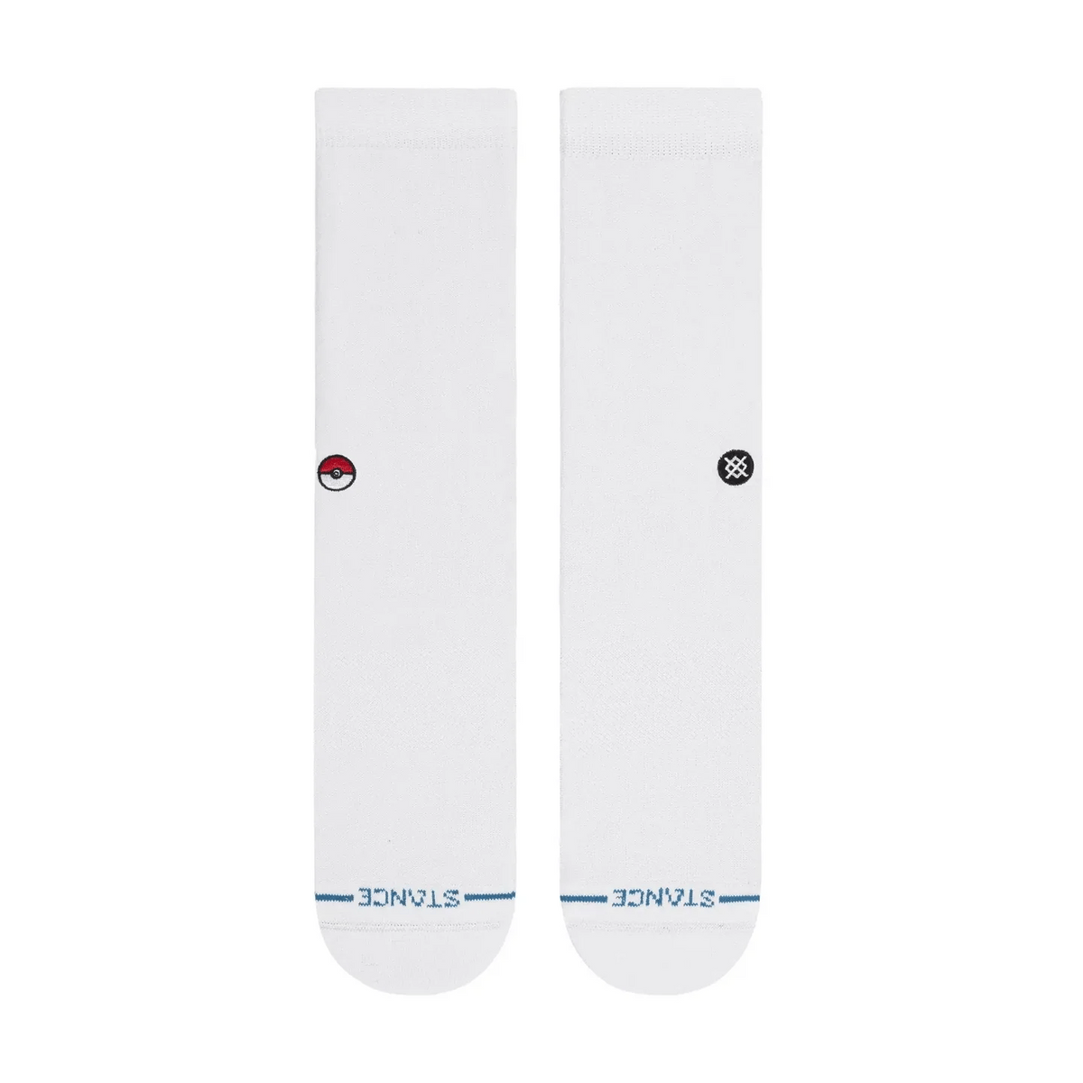 White Stance crew socks featuring a small embroidered Poké Ball logo and blue STANCE text on the foot.