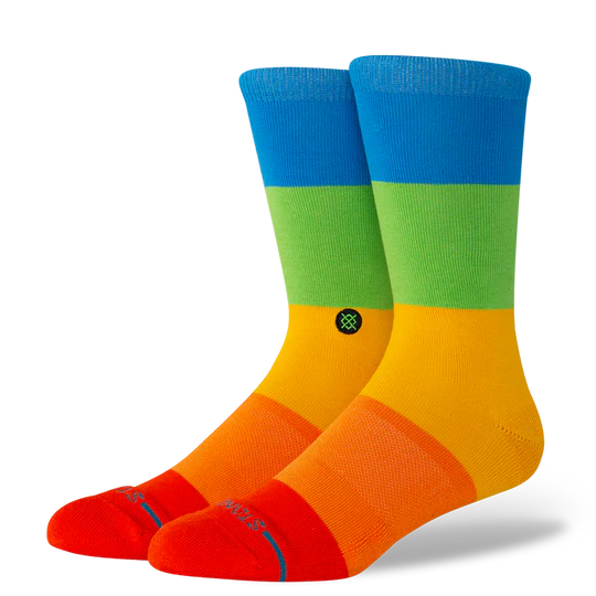 Stance Polaroid Snap Shot Crew Socks with blue cuffs, lime green band, orange body, red toes, seamless toe closure