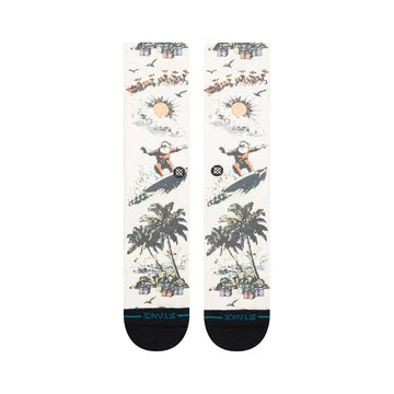 Cream Stance San O Claus crew socks featuring a surfing Santa graphic, palm trees, and tropical holiday design.