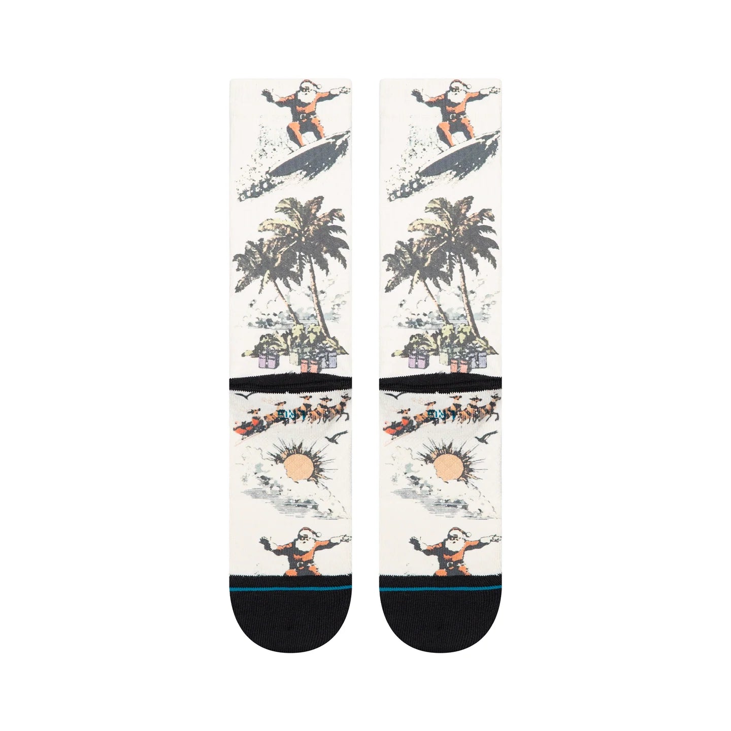 Cream crew socks featuring a surfing Santa, palm trees, and reindeer sleigh graphic with black cuffs and toe caps.