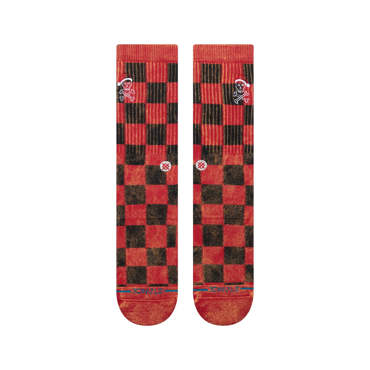 Red and black buffalo check crew socks featuring a skull wearing a Santa hat, Stance logo, and blue ankle stripe.