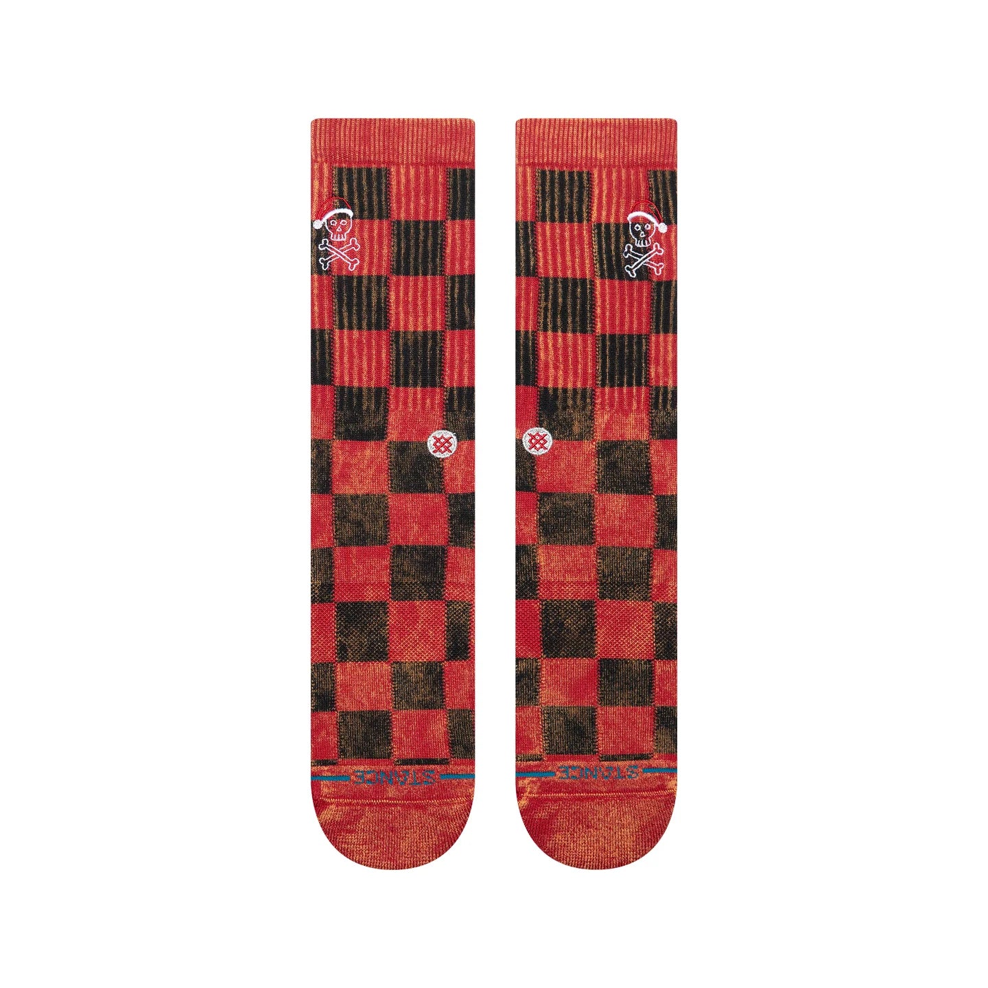 Red and black plaid crew socks featuring an anarchy skull logo wearing a Santa hat and the Stance logo on the arch.
