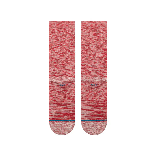 Two red marled Stance Slub Crew Socks with blue accent band, mid-calf crew height.