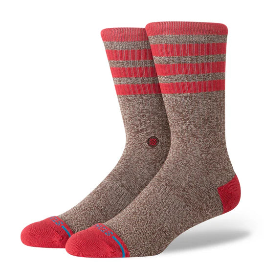 Stance Sock Monkey Crew Socks in brown with red toe, red striped cuffs, mid-calf crew height.