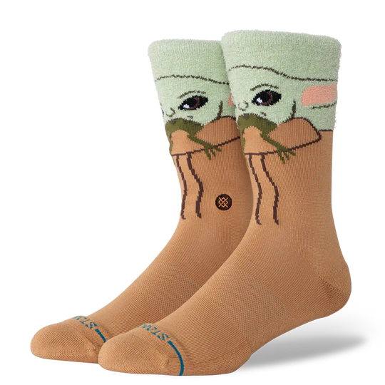 Stance Star Wars Grogu Hungry Crew Socks featuring Baby Yoda face and tan body with green cuffs.