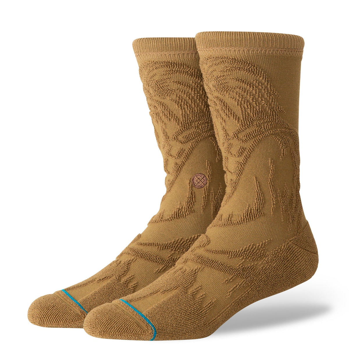Tobacco brown Star Wars Reverse Chewie crew socks featuring a subtle tonal Wookiee design and blue toe accent.