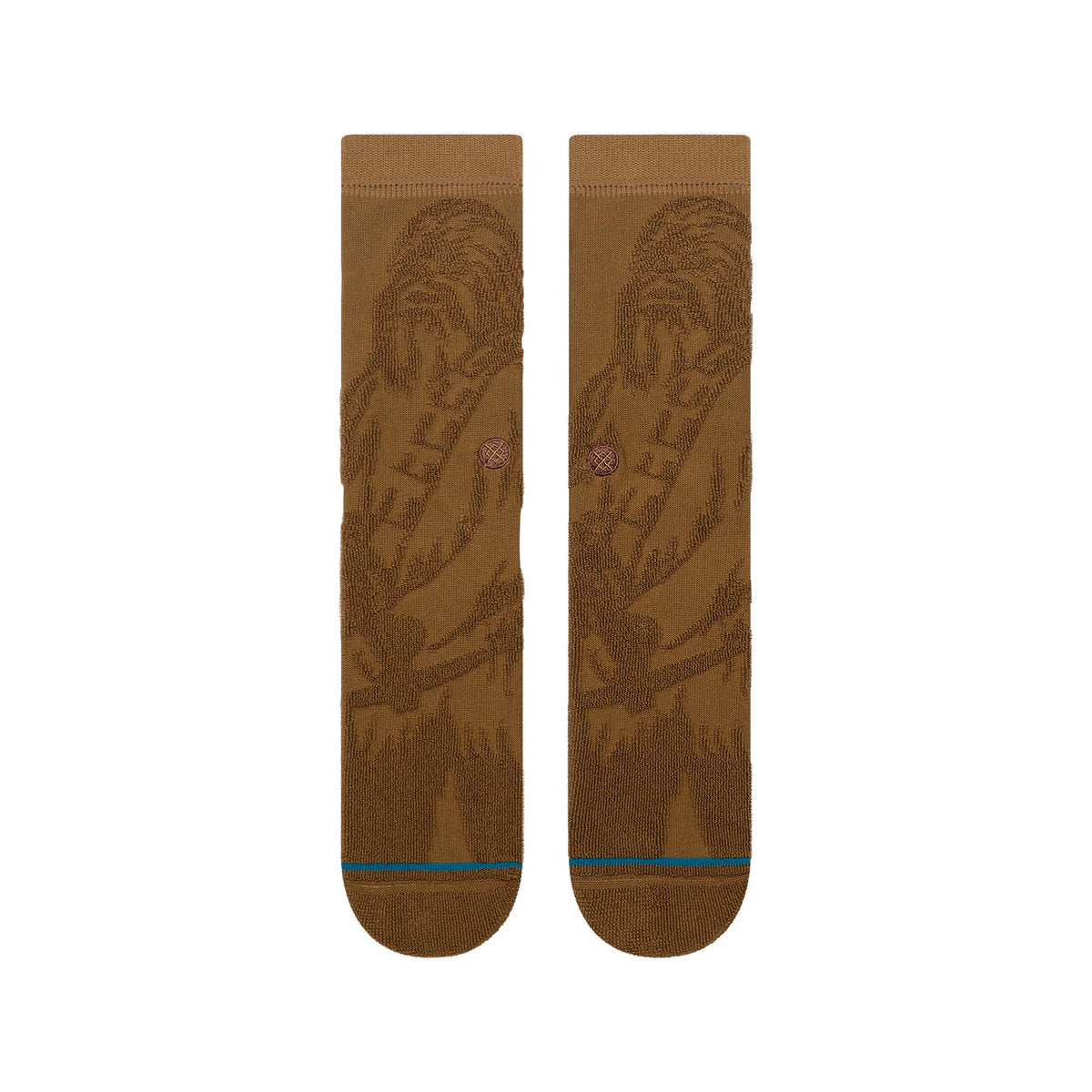 Tobacco brown crew socks featuring a reversed colorway Chewbacca design with a blue accent stripe at the toe.