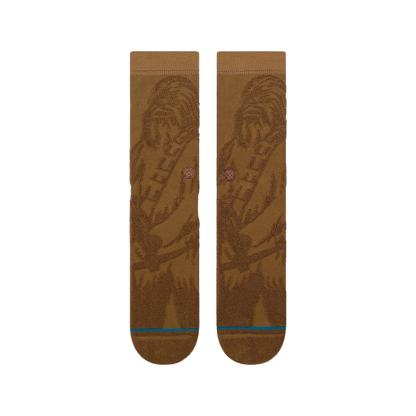 Tobacco brown crew socks featuring a reversed colorway Chewbacca design with a blue accent stripe at the toe.