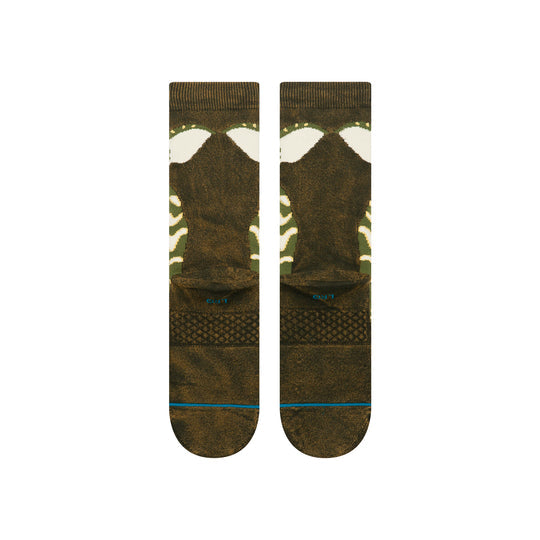 Pair of Stance FTPA Stripe Gremlins crew socks in brown-green camouflage, mid-calf, combed cotton with cushioned fit.