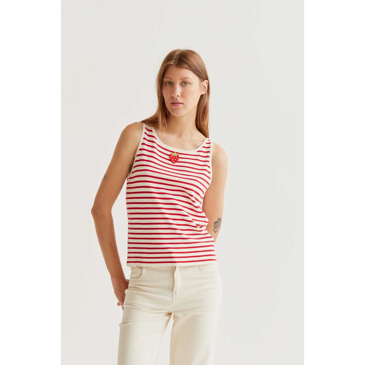 Strawberry on Red Stripes Tank: red-and-white striped viscose sleeveless top with a strawberry graphic.