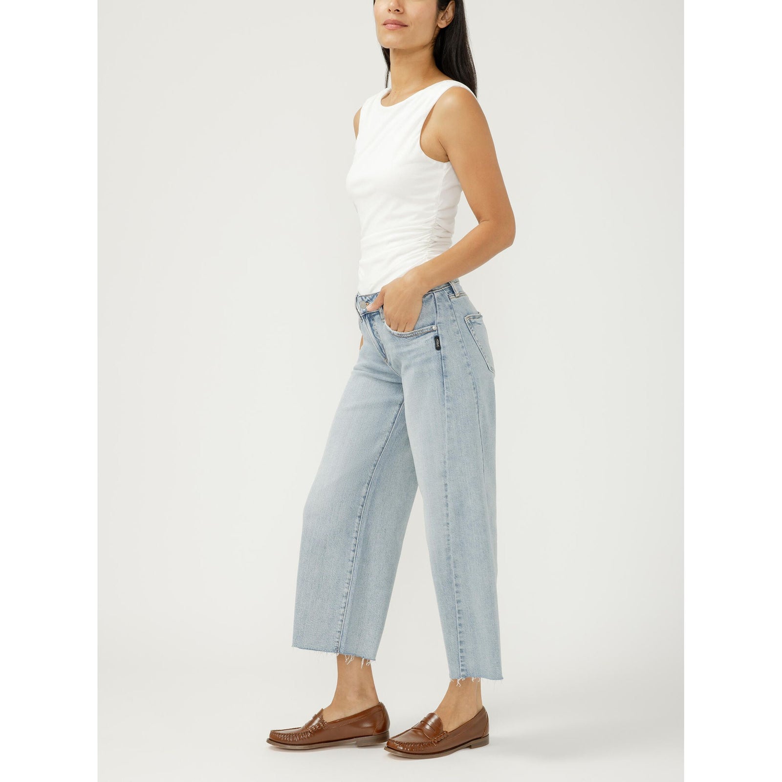 Silver Suki Wide Leg Cropped jeans in West End worn with a white tank and brown loafers.