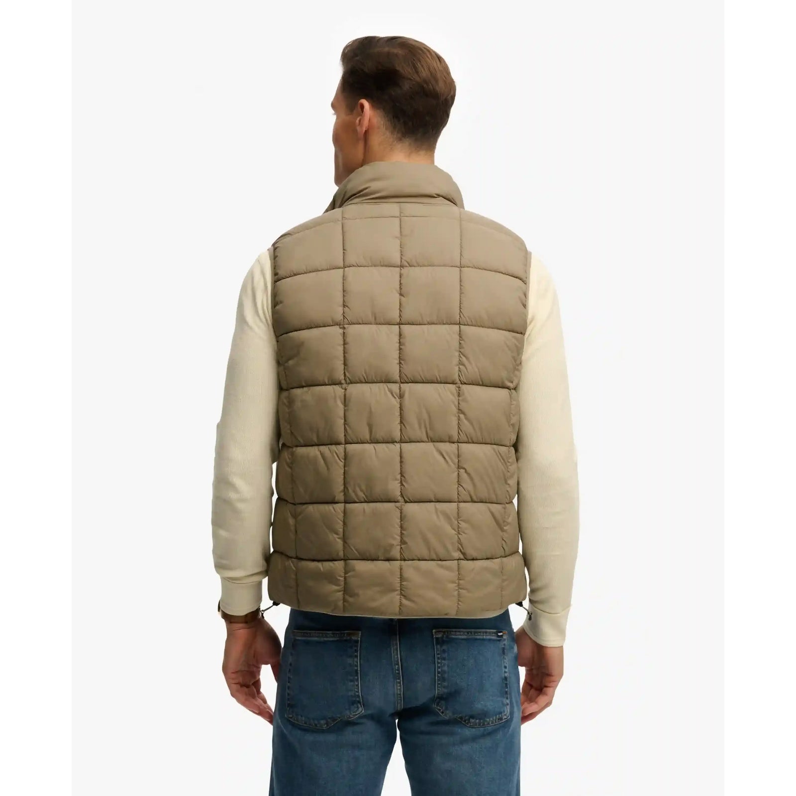 Tan quilted Superdry Box Quilt Fuji Lite Gilet, back view on model, box quilting, slim fit.