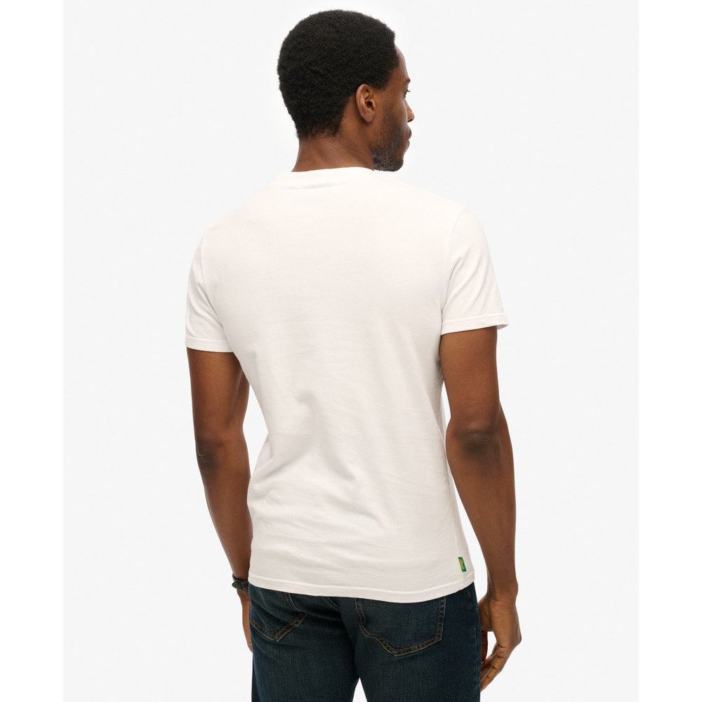 Back view of a man in a white 100% cotton Superdry Essential Embroidered Tee with a small hem label.