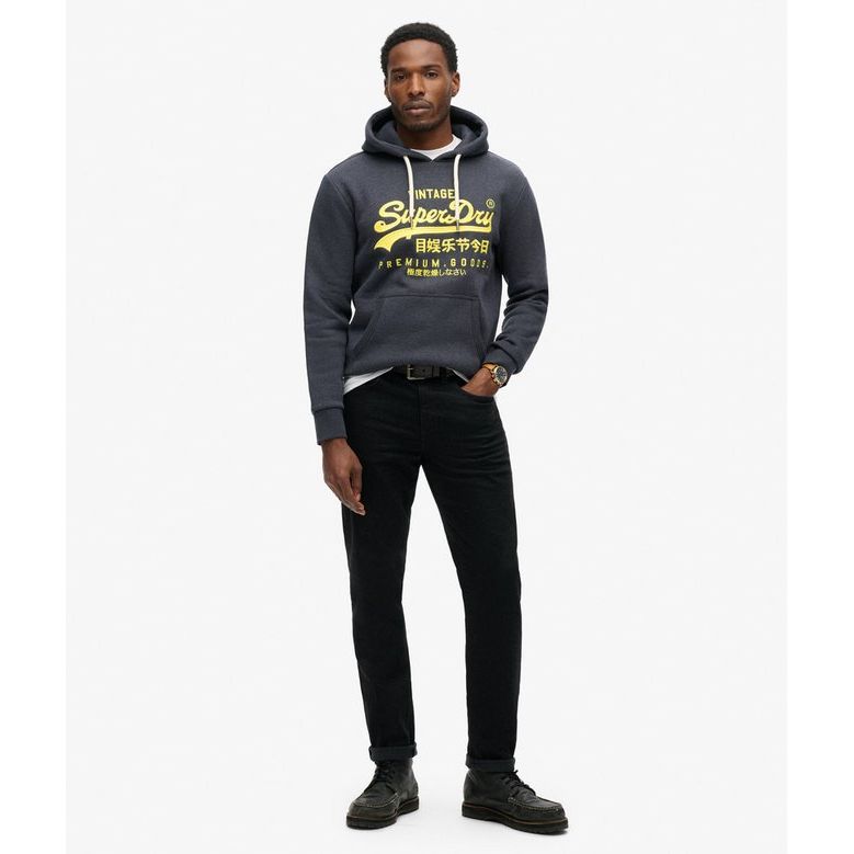Superdry Neon VL Graphic Hoodie in charcoal with neon yellow logo, brushed interior, relaxed fit on model.