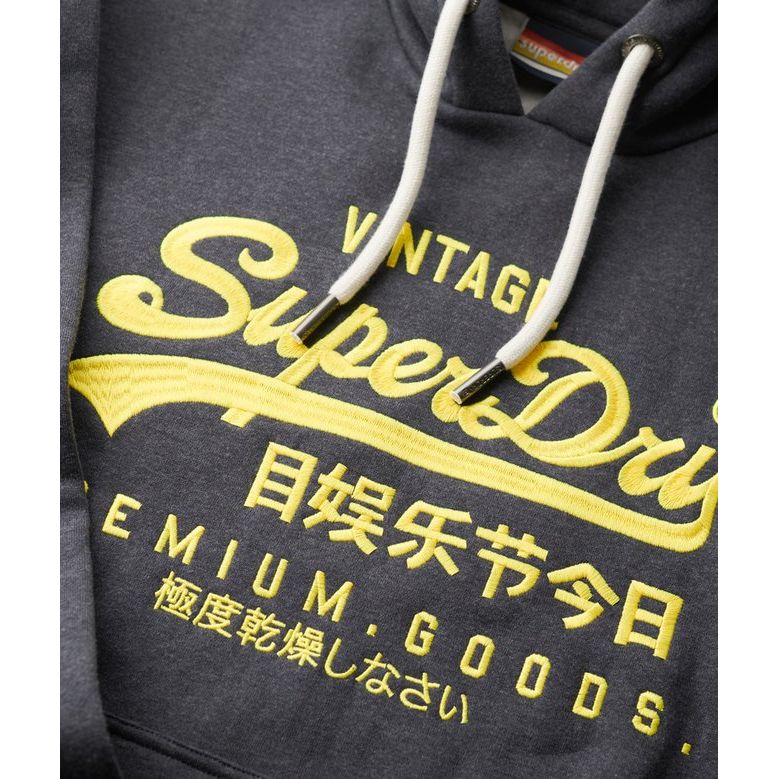 Superdry Neon VL Graphic Hoodie with neon yellow lettering and bold logo, Asian script, charcoal brushed interior.