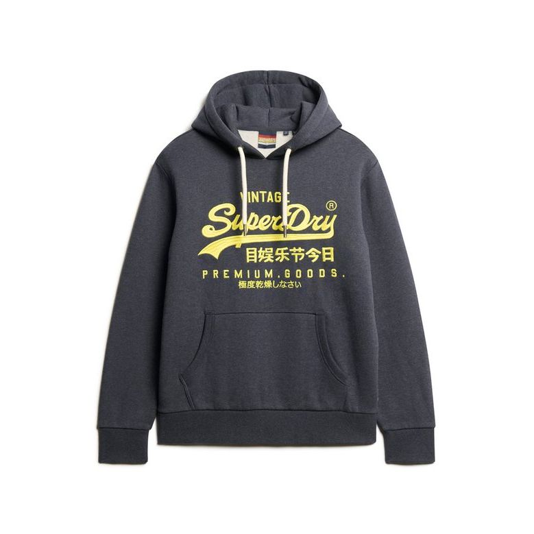 Superdry Neon VL Graphic Hoodie in navy with neon yellow logo, soft brushed interior, relaxed classic fit.