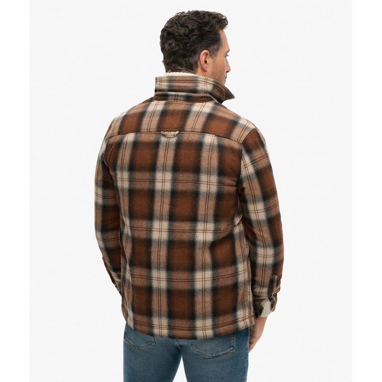 Superdry Roderick Check Wool Miller Overshirt - brown plaid wool with borg lining, back view.