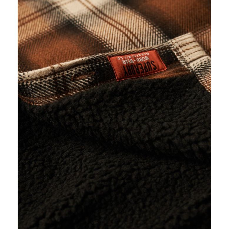 Superdry Roderick Check Wool Miller Overshirt with borg lining and plaid wool fabric, red tag visible.