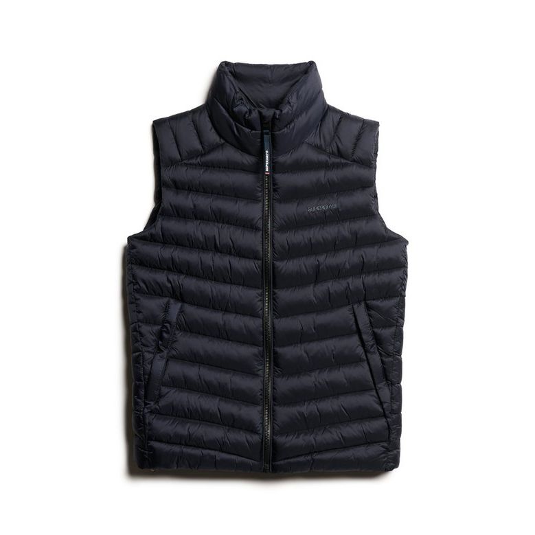 Superdry Fuji Sport padded gilet in black with zip front, lightweight quilting, multiple pockets, slim fit.