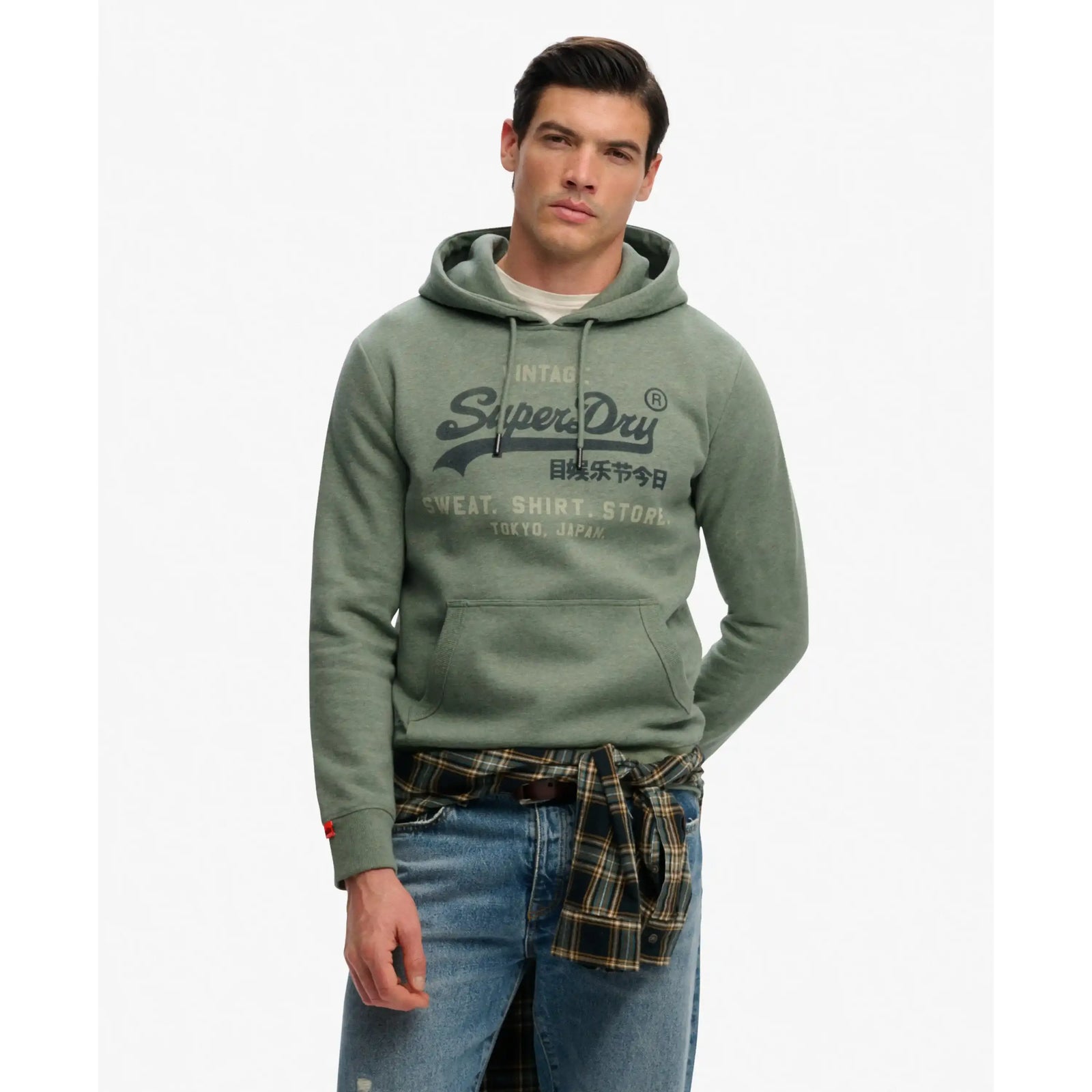 Superdry VL Heritage Relaxed Hoodie in sage green with faded vintage logo on chest.