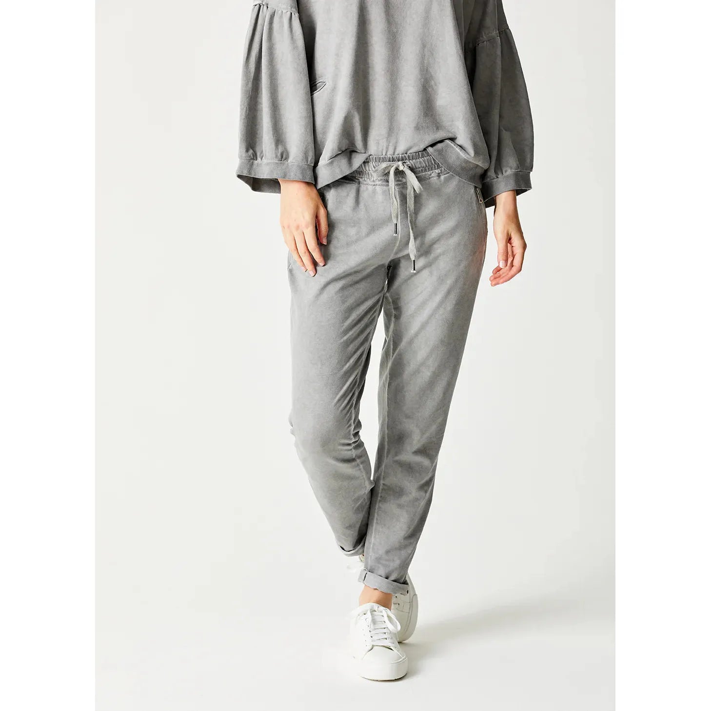 Soft taupe Suzy D Bailey Vintage Wash Side Zip Jogger featuring zipped pockets and chic turn-up hem for stylish comfort.