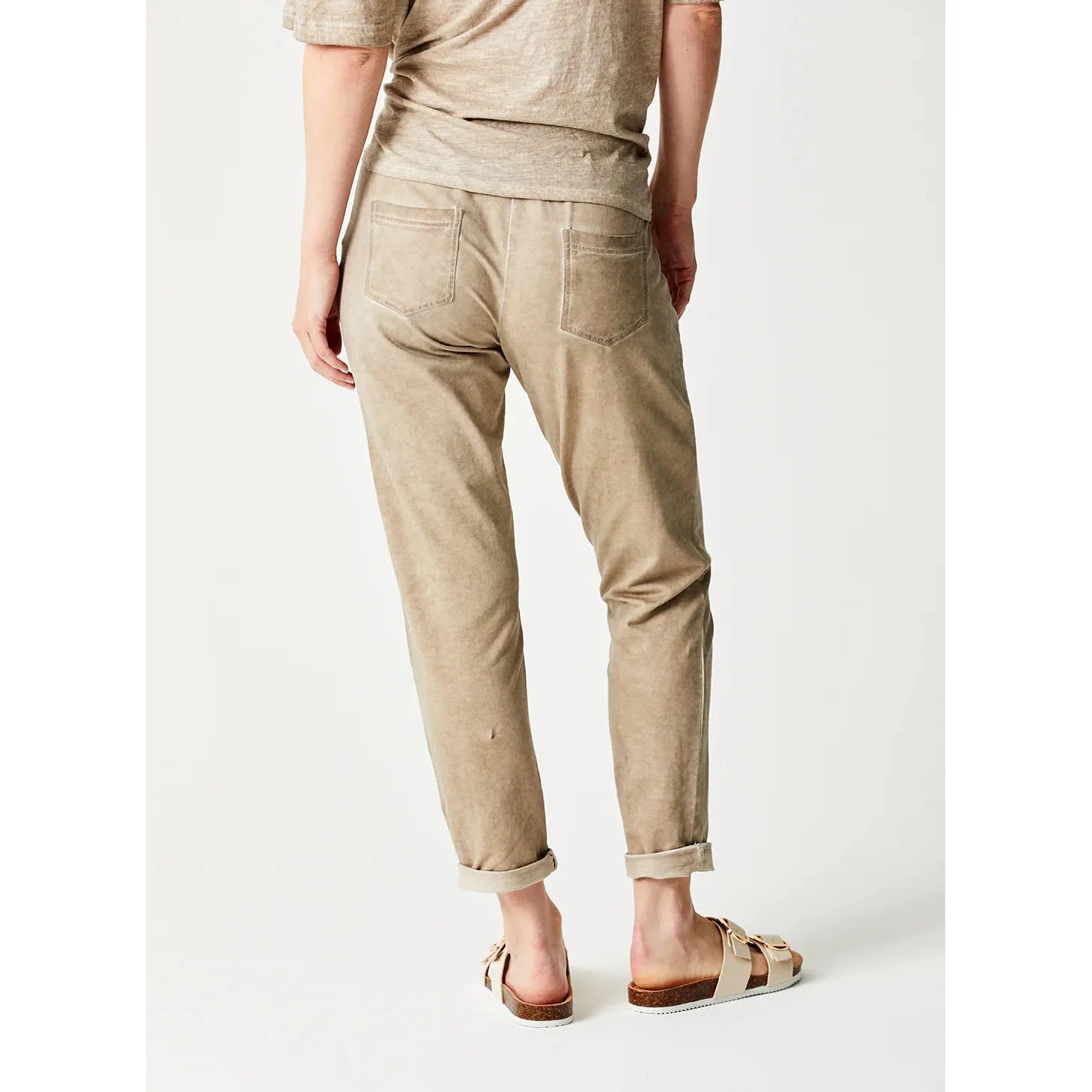 Stylish Suzy D Bailey Vintage Wash Side Zip Jogger in taupe, featuring zipped pockets and a chic turn-up hem.