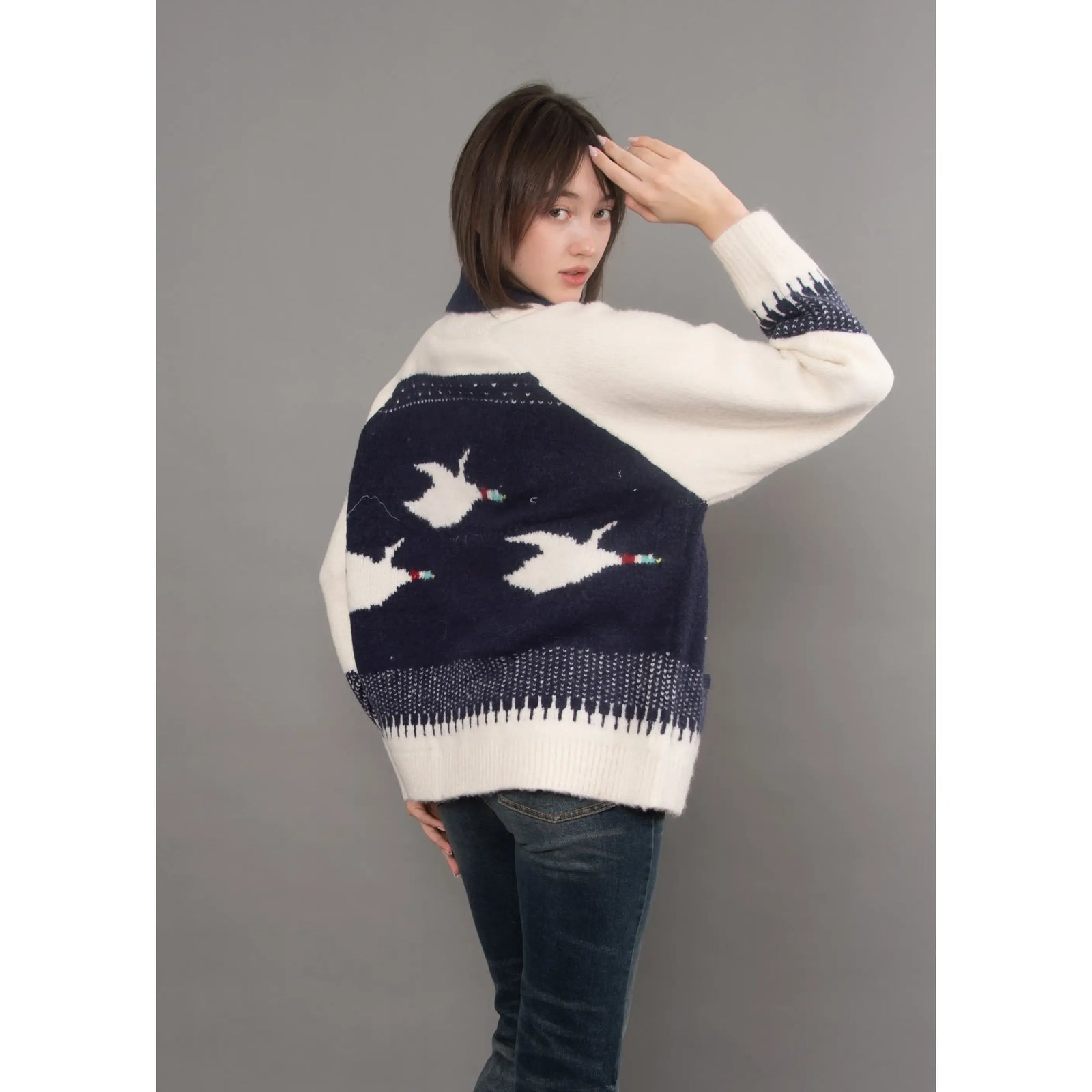 Cozy navy and cream raglan sleeve shawl collar cardigan featuring white bird knit patterns on the back.
